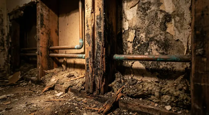 Before: Mold damage and deteriorated framing